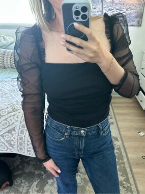 Lulu's Black Square Neck Puff-Sleeve Mesh Top